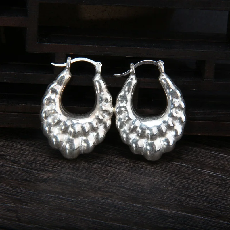 

Glossy 925 Sterling Silver Bulging Unusual Hoop Earrings Women U Shape Shell Face Hoops Creative Hollow Earrings French Brincos