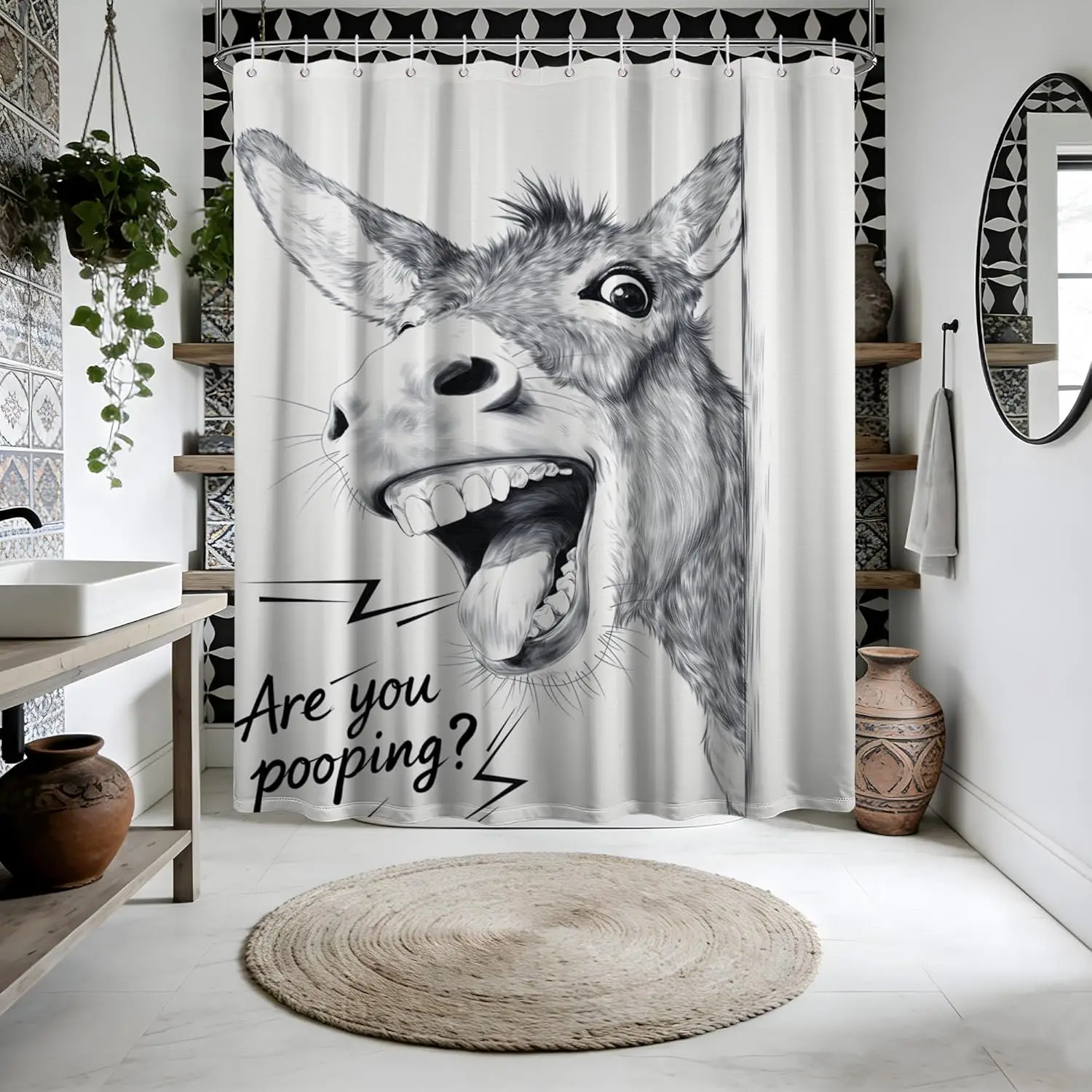 Black White Funny Donkey Shower Curtain, Humorous Waterproof Fabric Bathroom Decor Curtain with Hooks