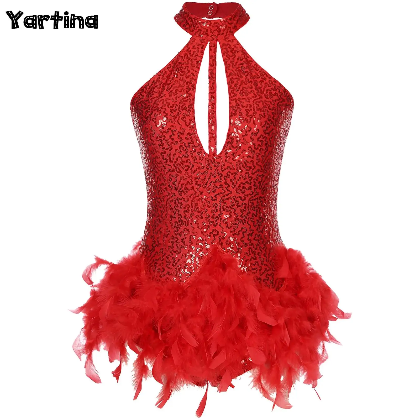

Womens Glittery Sequins Feather Latin Jazz Dance Leotard Dress Tango Latin Dancewear Halter Backless Keyhole Front Rumba Dress