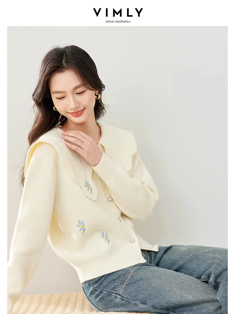 Vimly Green Knitted Cardigan for Women 2024 Spring New Lapel Embroidery Short Sweater Coat High Strecth Female Knitwear 72276