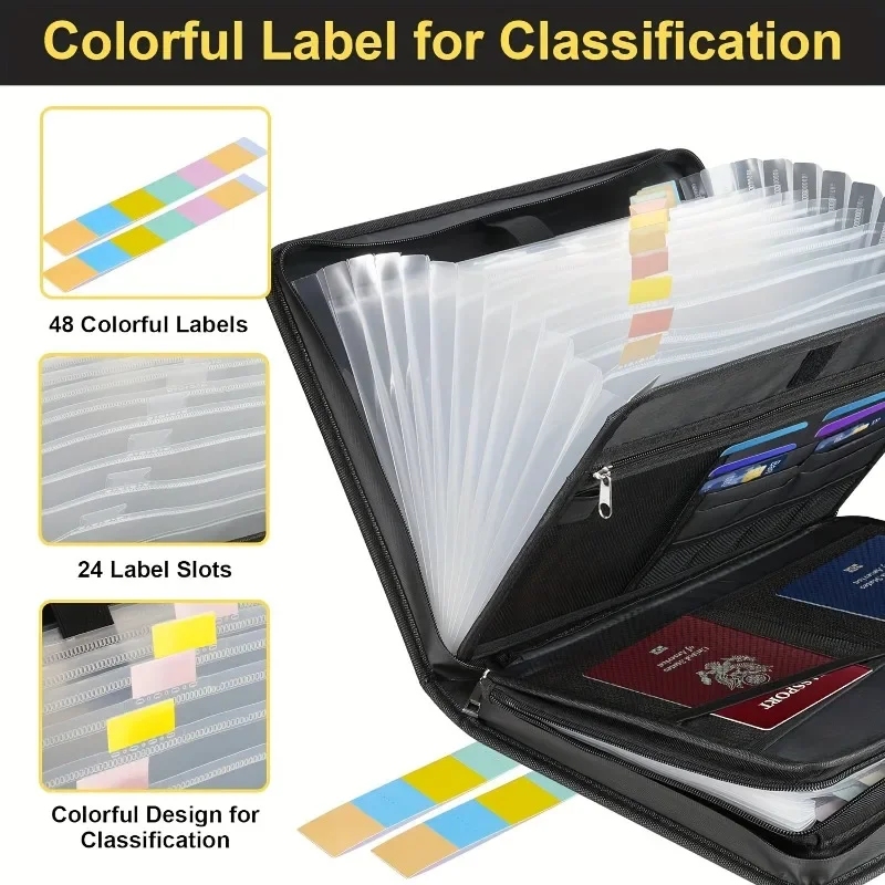 1PC 耐火防水ドキュメントオーガナイザー-13 ポケットアコーディオンフォルダー、ポータブルオフィス/仕事用収納バッグ、旅行に優しい (ブラック)