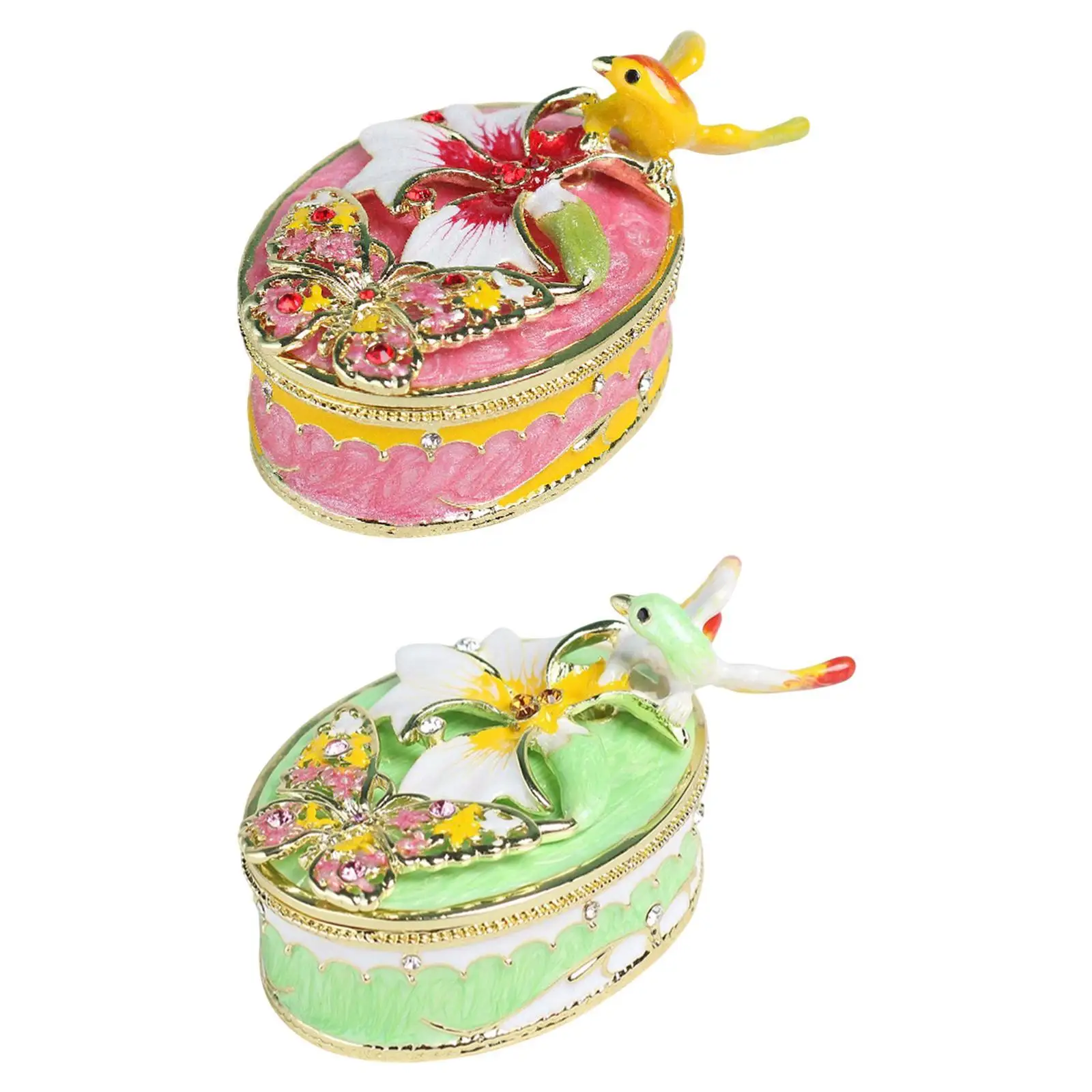 Hinged Enameled Jewelry Box Decoration Craft with Butterfly Pattern Organizer for Wedding Collectible Party Desktop Centerpiece