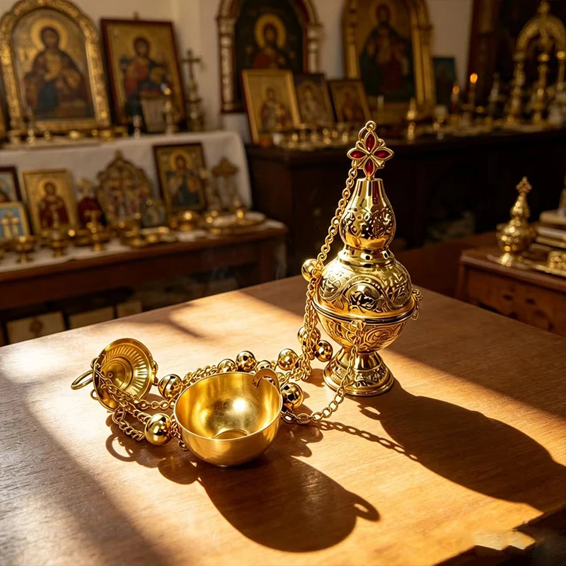 Neuer hochwertiger vergoldeter orthodoxer Weihrauchbrenner mit Kette und Glocken für Kirchenliturgie, Segnung und religiöse Zeremonien – Detail 4