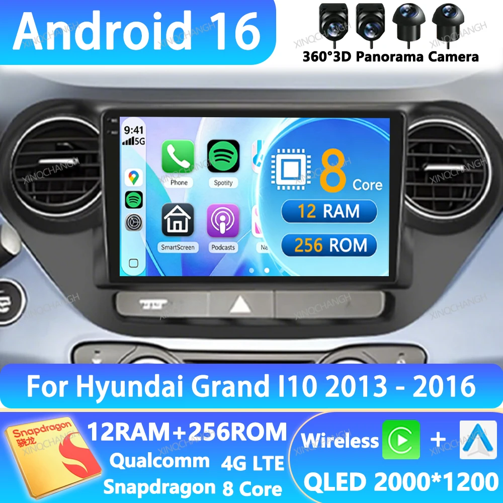 Radio para Auto Android 16 para Hyundai Grand I10 2013-2016, Navegación GPS, Unidad Principal, 4G LTE, 5G WIFI, 2DIN, QLED, BT, Carplay, Auto BT, GPS