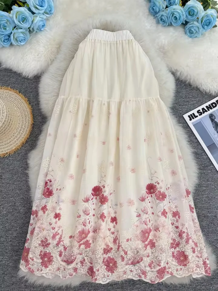 2026 New Women Embroidery Floral Large Hem Midi Skirt Female Summer Casual Versatile  A-line Beach Vacation Faldas