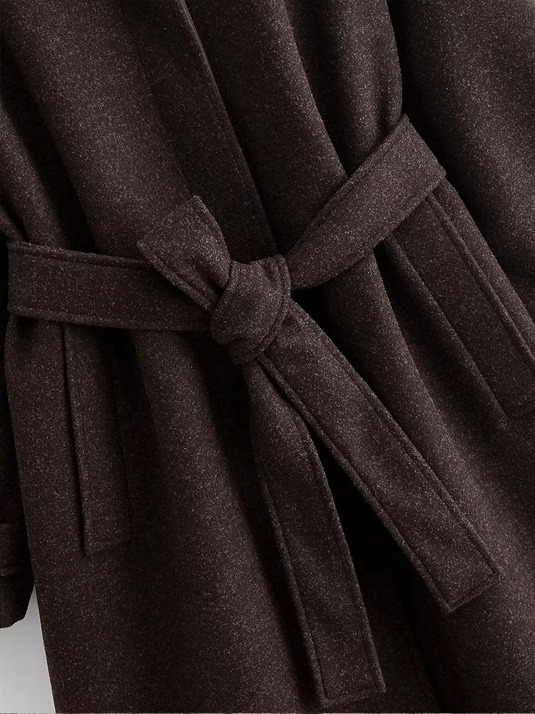 معطف نسائي جديد على الطراز الأوروبي أنيق ومتعدد الاستخدامات من الصوف بصدر واحد مع طية صدر السترة وحزام. #4