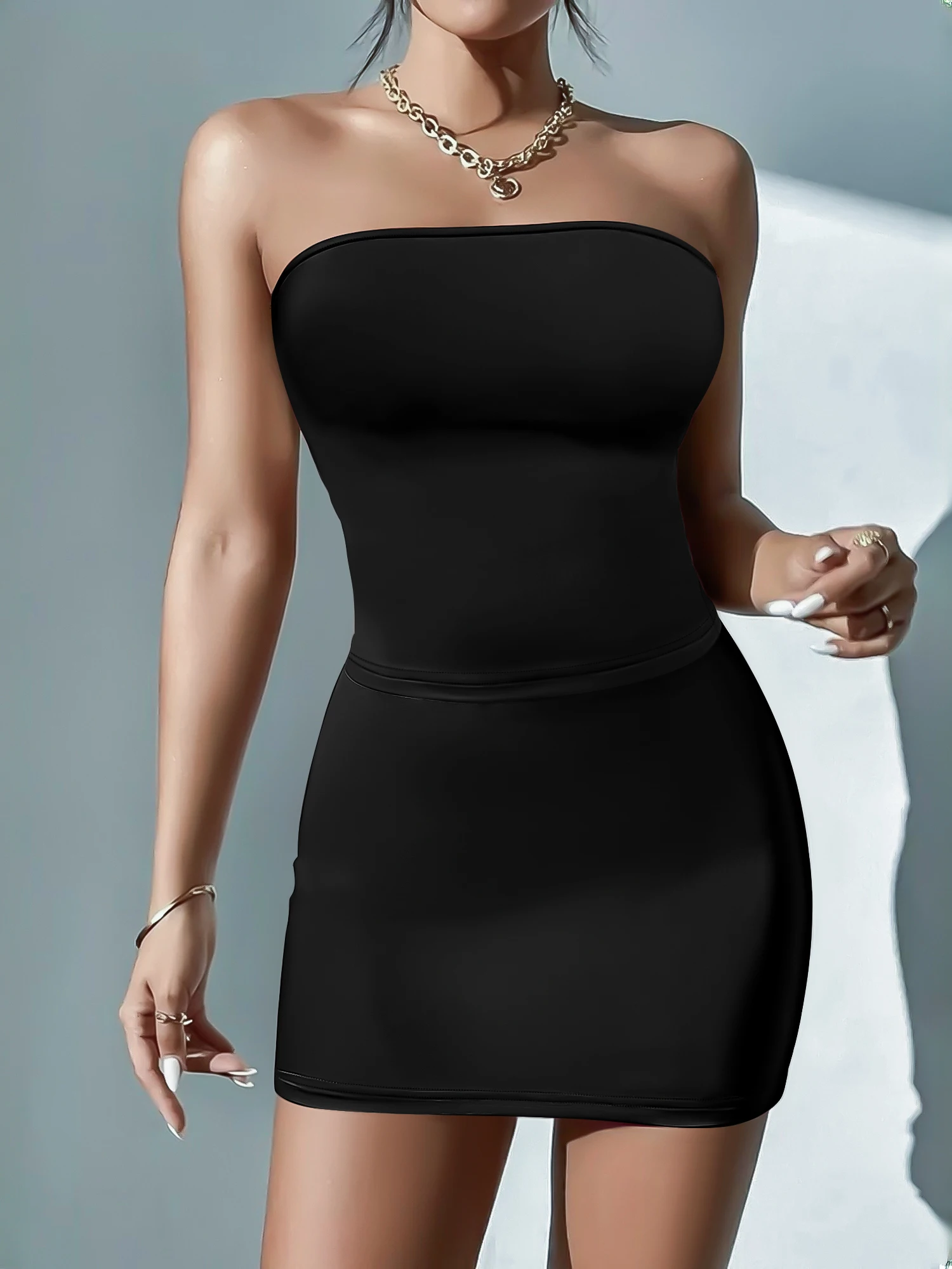 Polished Strapless Tube Two Piece Set, Bodycon Mini Skirt for Elegant Night Date