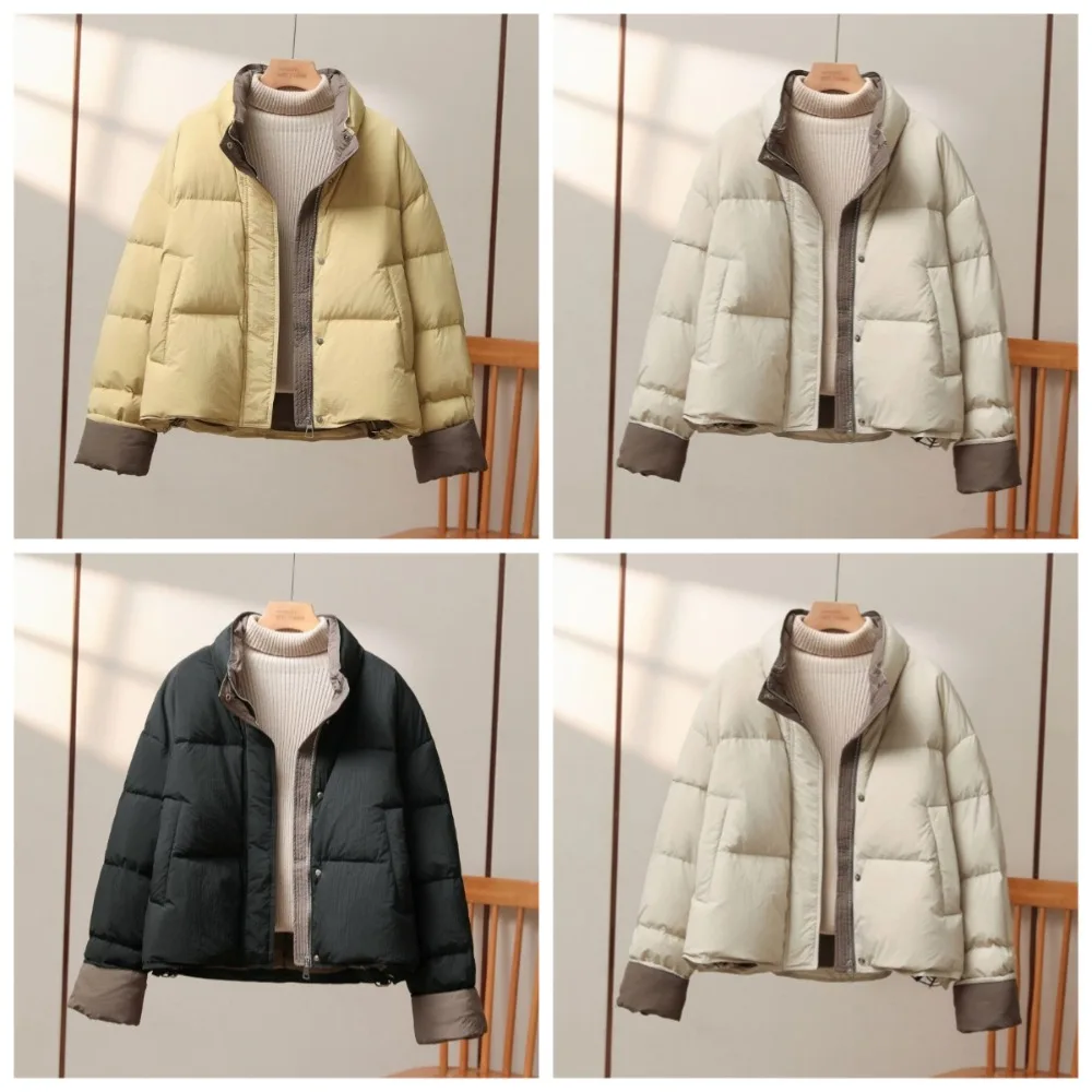 

2025 зимняя новая короткая хлопковая куртка для женщин, минималистичная куртка контрастного цвета с воротником-стойкой, дизайнерское пальто, женские парки