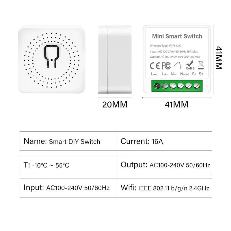 16A Smart Life Graffiti Tuya WIFI+Bluetooth Dual Mode Circuit Breaker Control Mini On/Off Switch Wireless