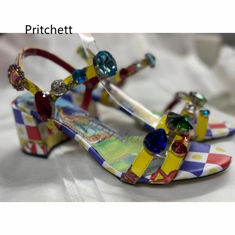 Bohemian Rhinestone Jewels Chunky Heels Sandals For Women Open Toe Prints Buckle Strap 6/10Cm High Heels Beach Vacation Shoes