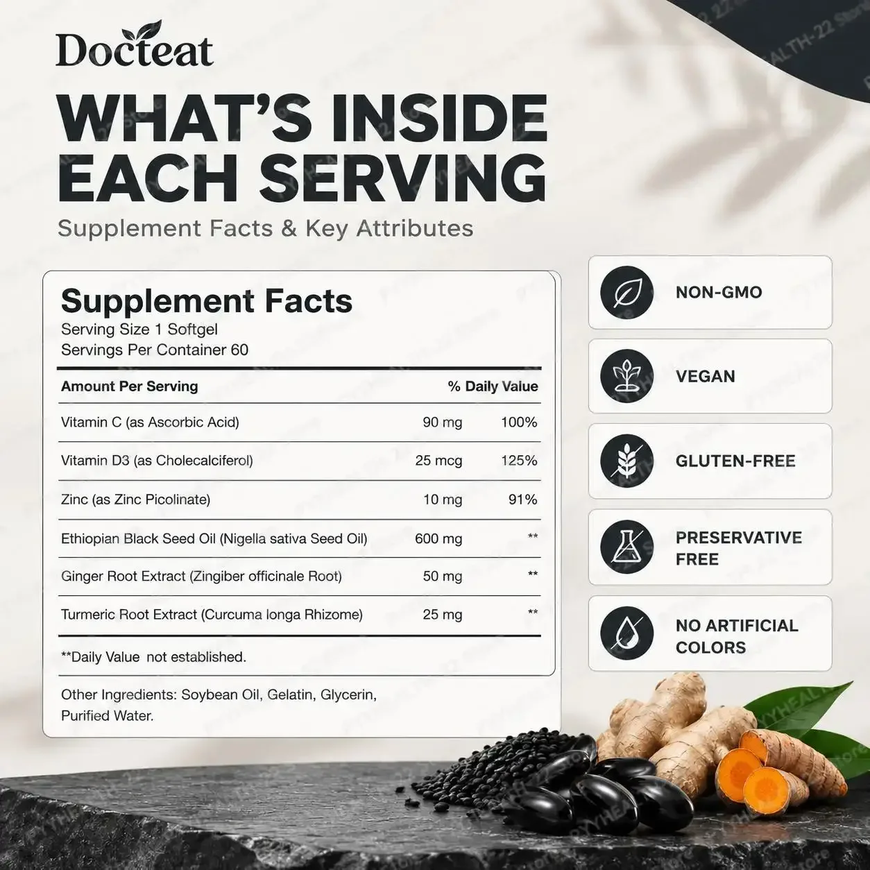Ethiopian Black Seed Oil Softgels for Daily Immune Support & Gut Comfort with Vitamin C D3 Zinc Ginger Turmeric 60 Softgels