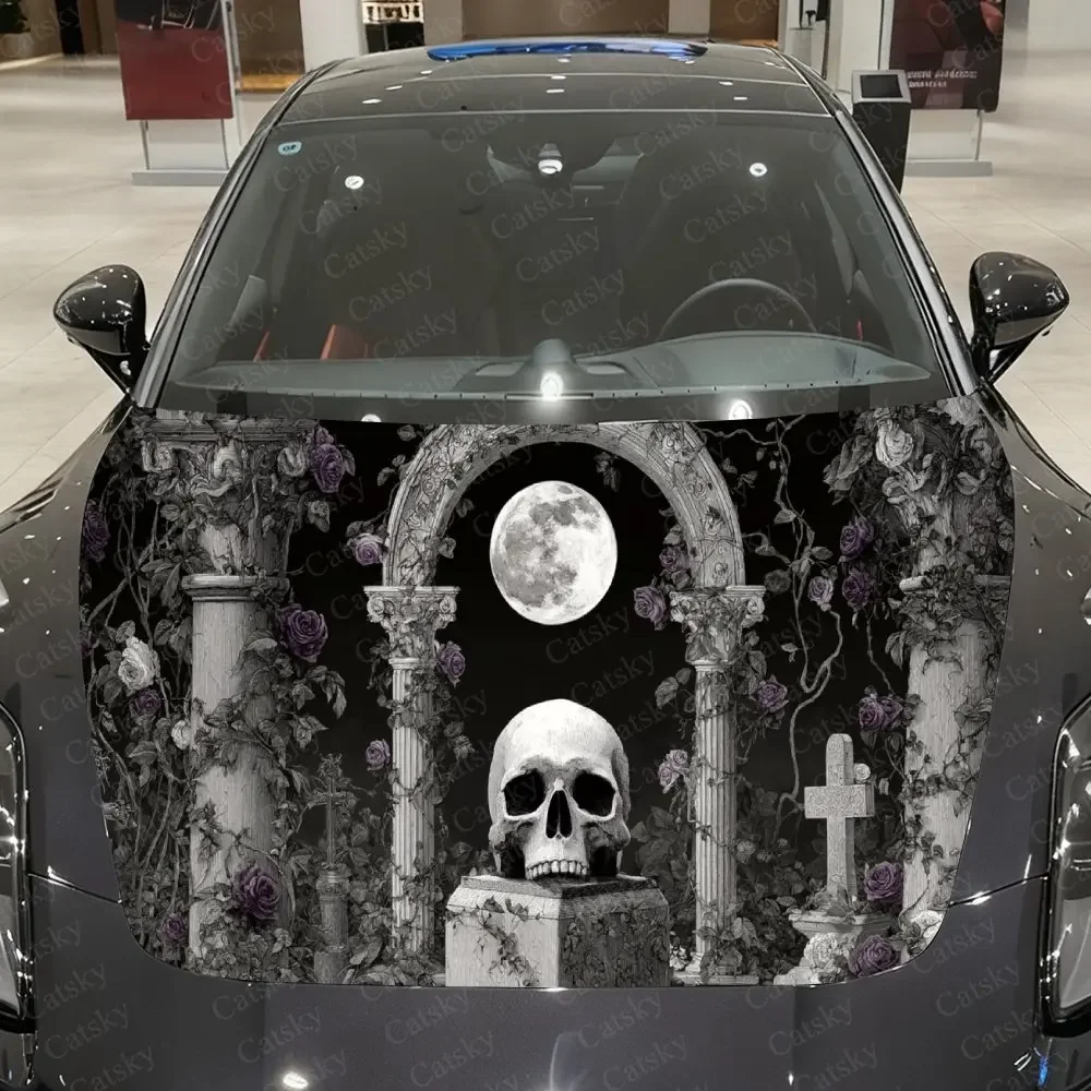 Azure Black Tomb Realm Skull & Moon Car Vinyl Wrap, PVC Material Waterproof Car Hood Sticker, Self-Adhesive Scratch-Resistant St