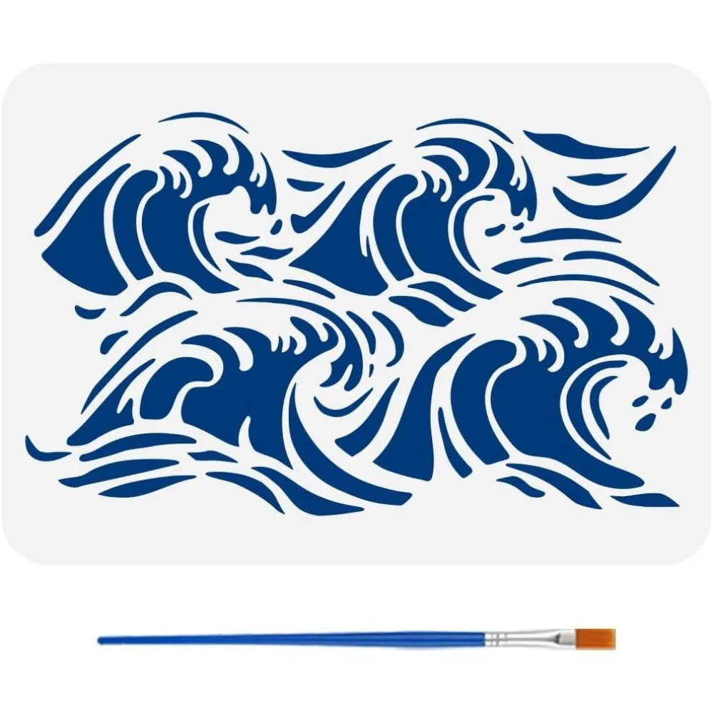 Waves Stencil with a Paint Brush 11.7x8.3Inch Waves Decoration Stencils Infinite Connections Pattern Stencils Ocean Themes Waves