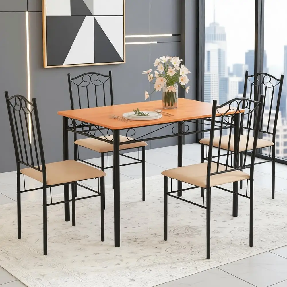 Ensemble de table à manger 4 places avec base en métal et chaises rembourrées, noir et jaune, meubles de cuisine peu encombrants