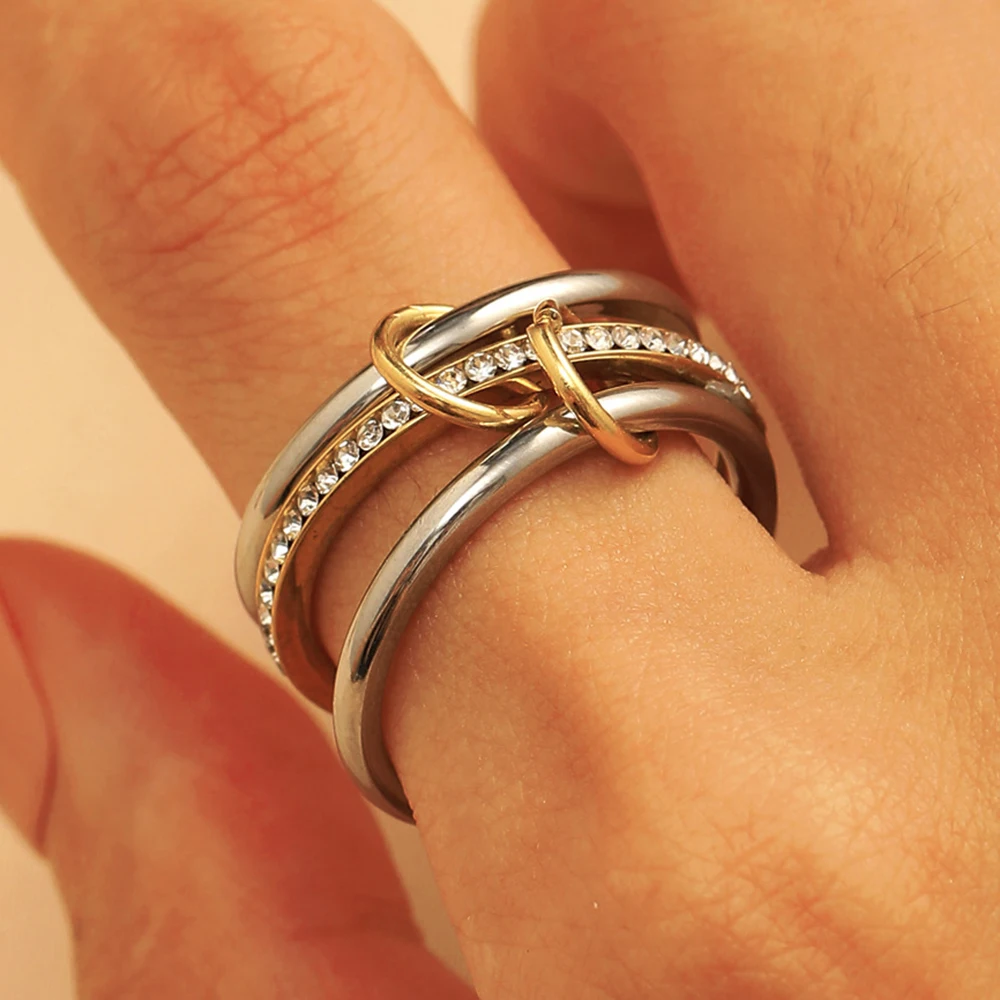 Stacking Rings Stainless Steel 3-layer Mixed Color Inlaid Zircon Shiny Women's Ring New Waterproof Jewelry Party Birthday Gift
