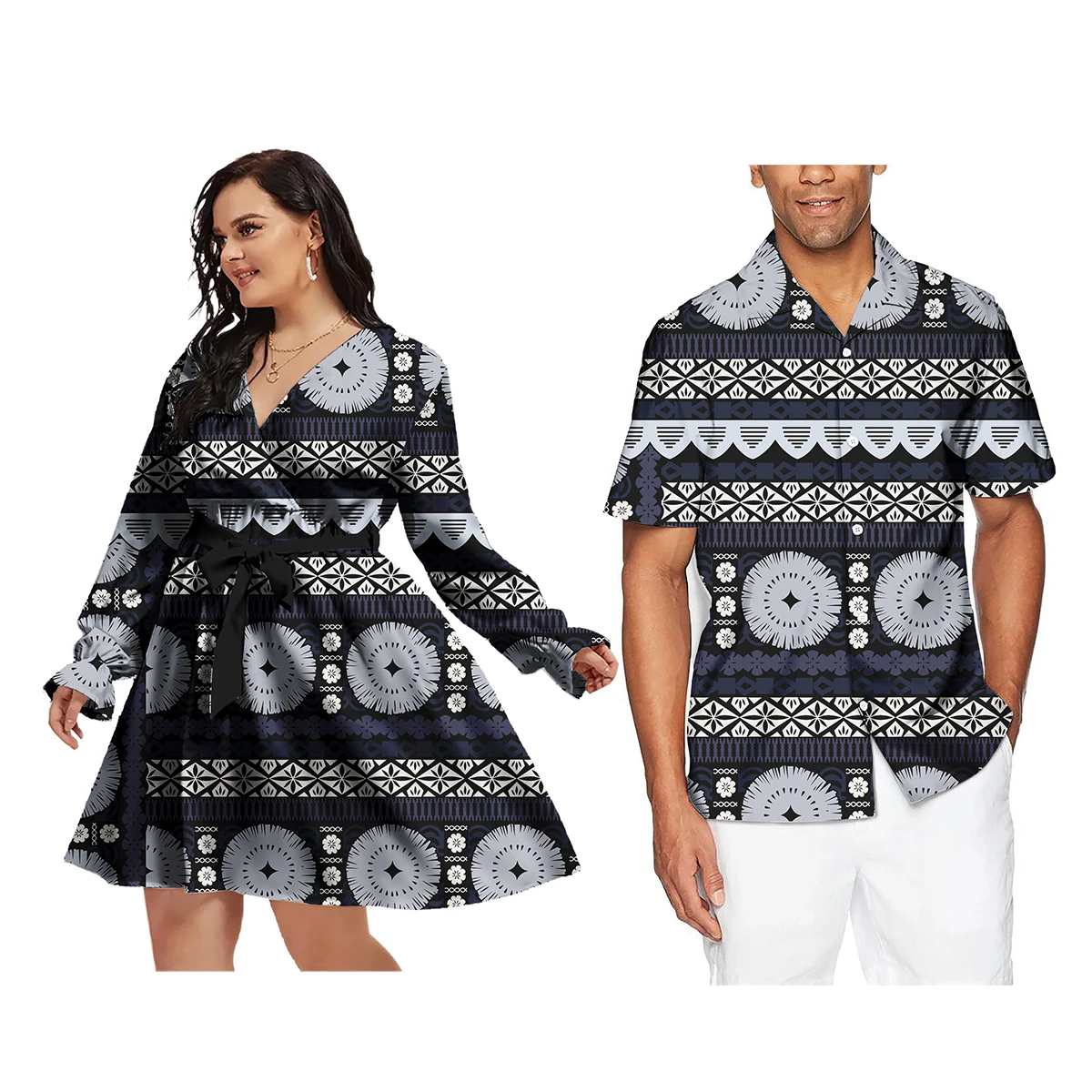 Drop Shipping Fashion Trendy Casual Dress Match Hawaiian Shirt Men Unique Couple Outfits Polynesian Samoan Tribe Clothes