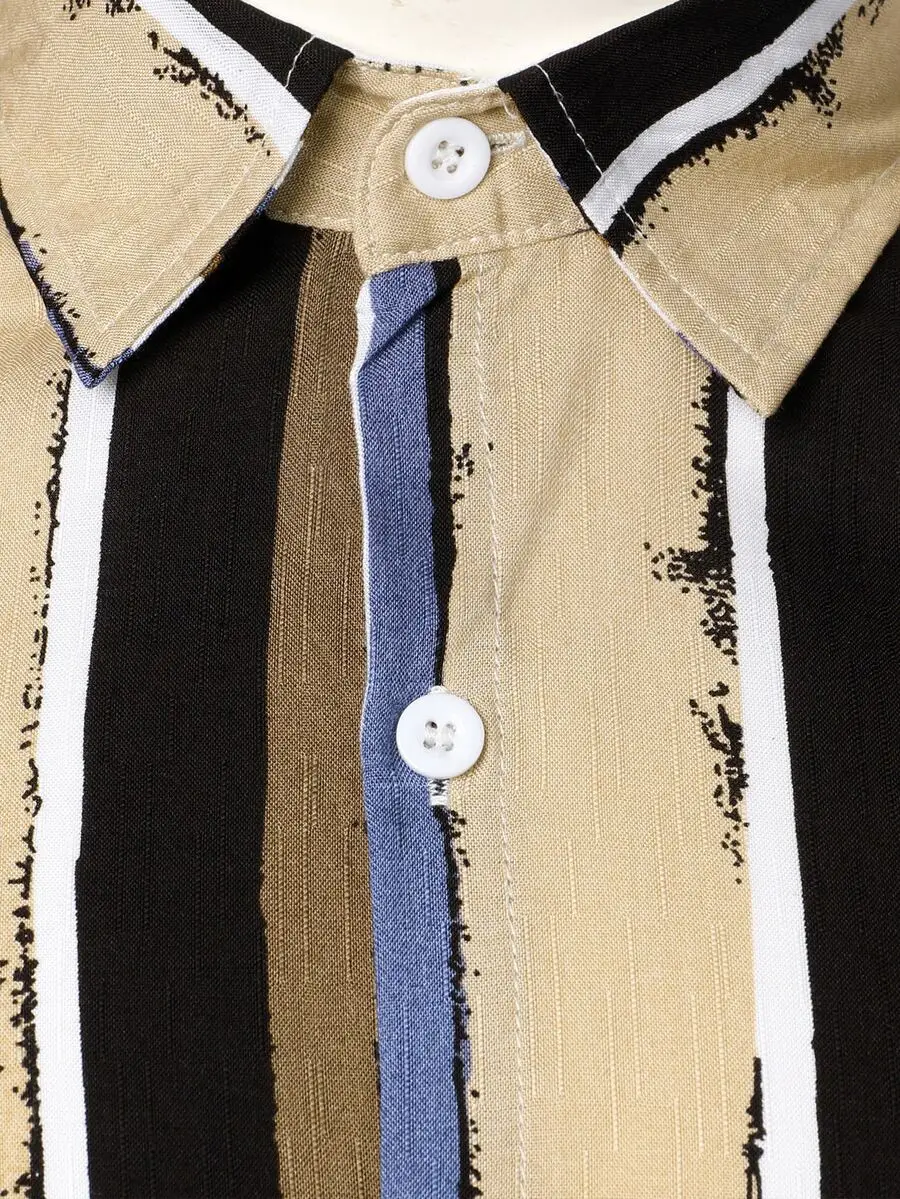 

Men Striped Print Button Down Shirt Casual Turn-Down Collar Top