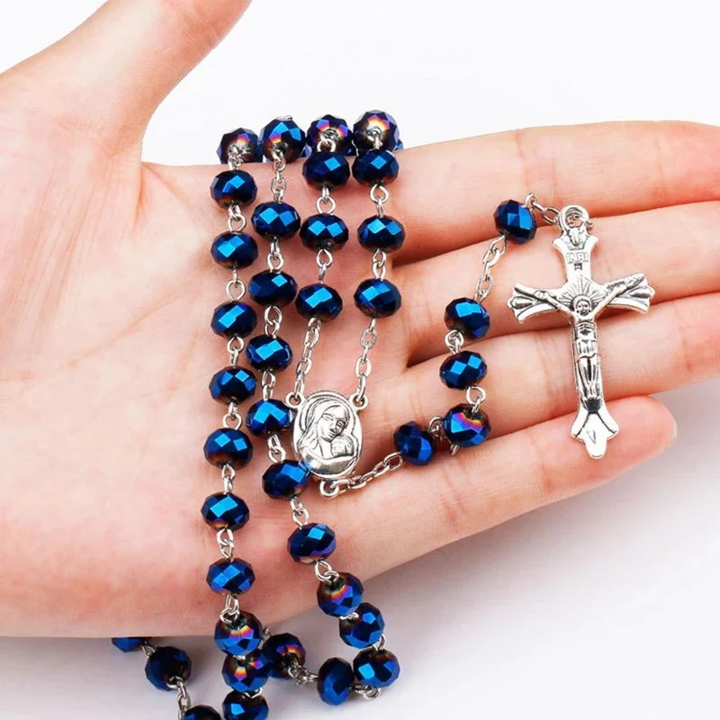 CR001 Crystal Beads Catholic Rosary Necklace Virgin Holy Land Holy Baby Religious Cross Necklaces Men and Women Christmas Gift