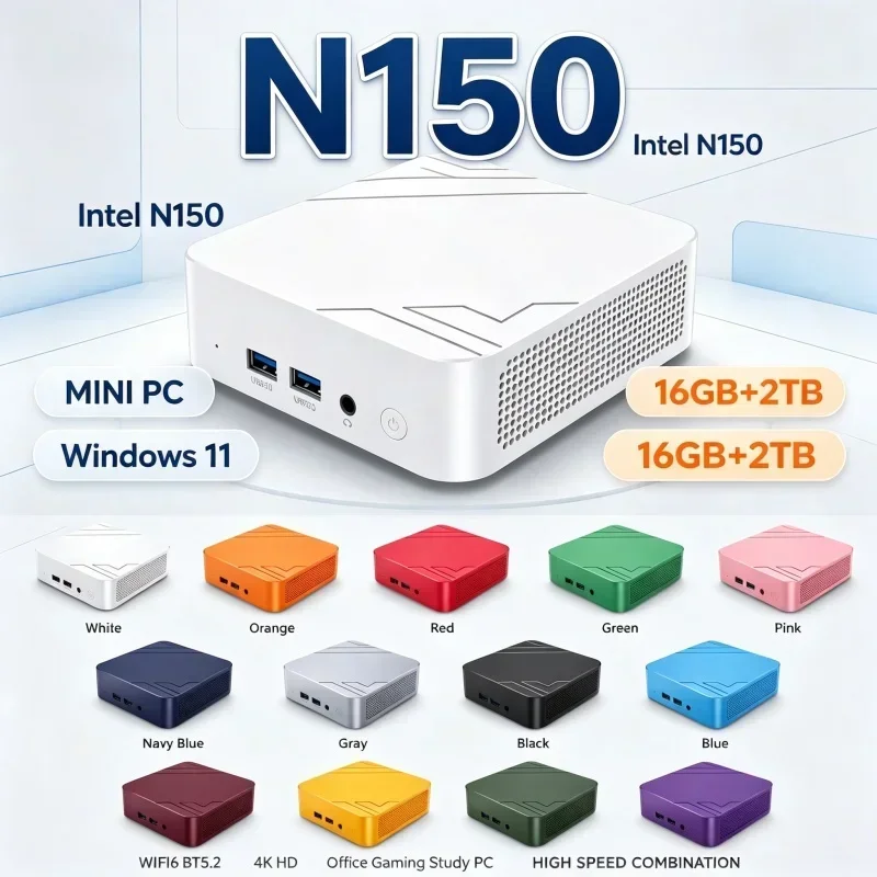 Intel N150 Mini PC Host Windows11 Multicolor Small Desktop PC 16GB RAM 1~2TB SSD WiFi6 BT5.2 For Home Office Daily Use