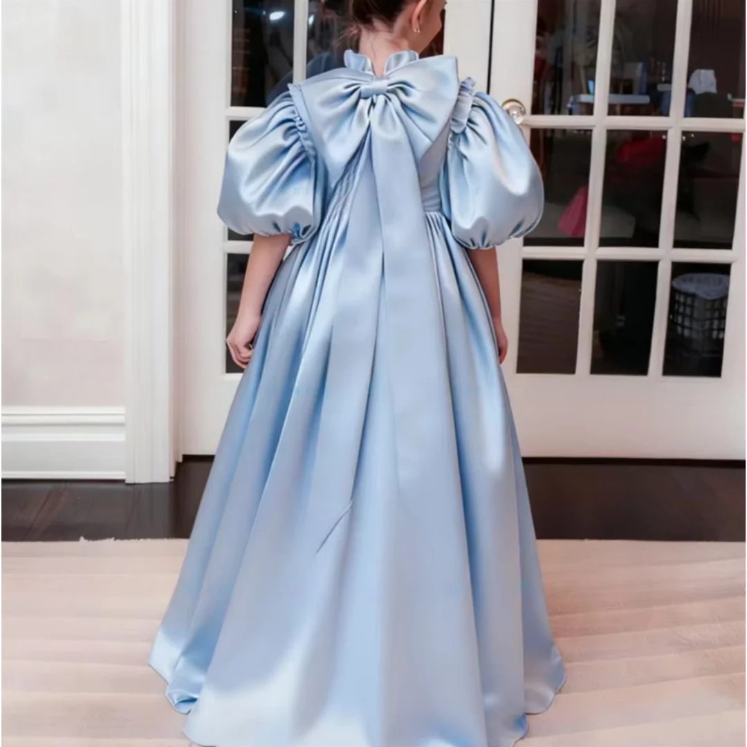 Girls Dusty Blue Satin Flower Girl Dress Ruffle High Neck Puff Sleeve Kids Floor Length Evening Gown Wedding Birthday Pageant