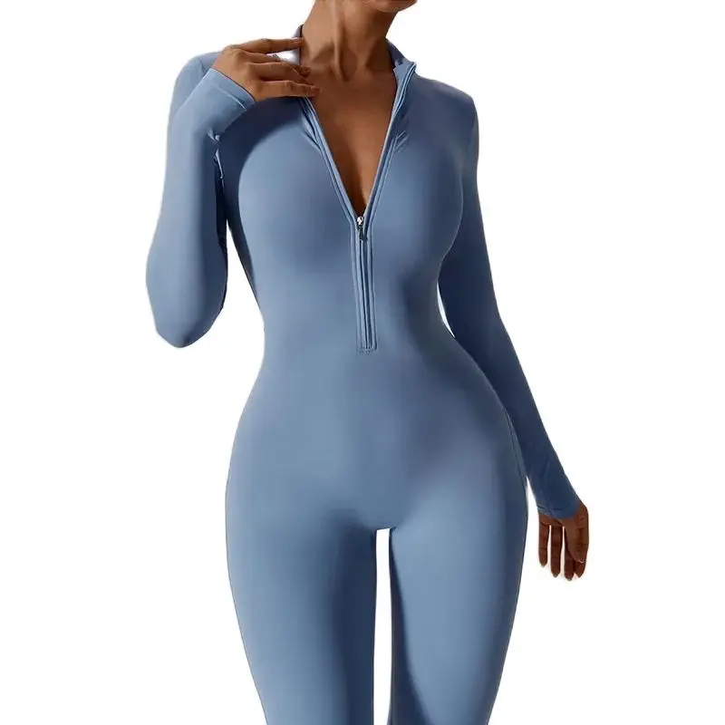 Women Jumpsuits One-Piece Suit Zipper Long Sleeved Yoga Set Gym Push Up Workout Clothes Fitness Bodysuit Tight fitting Tracksuit