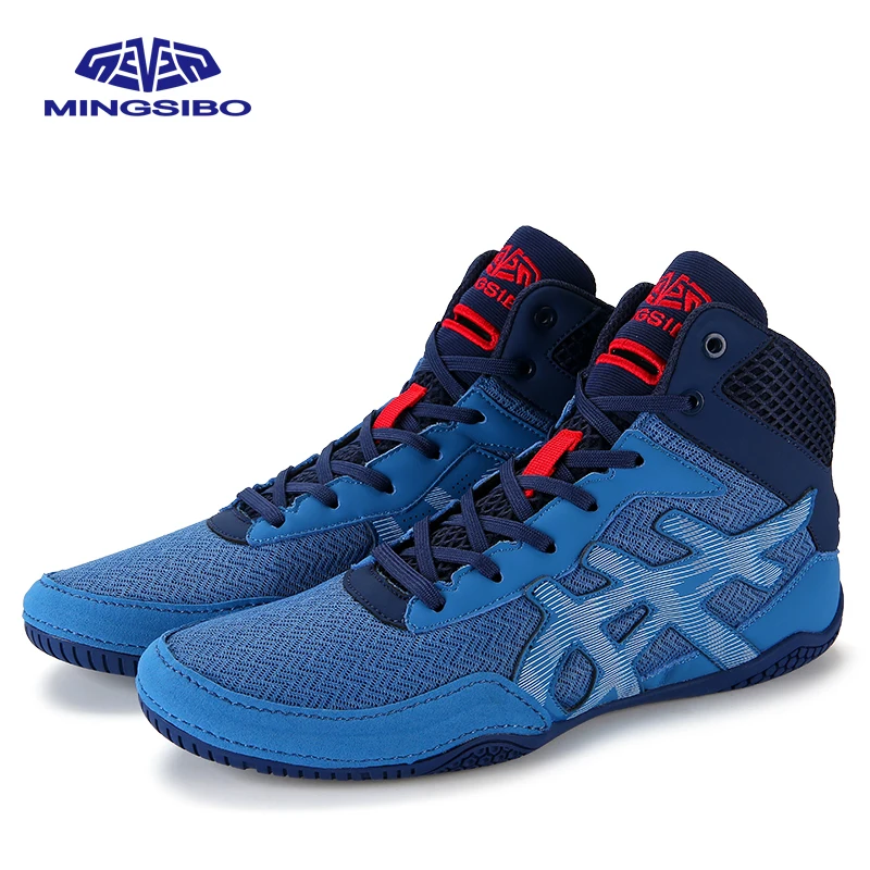 Original MINGSIBO Mid Cut Blue Boxing Sneakers Unisex Breathable Wrestling Fighting Shoes Neutral Wear Lightweight Sambo Shoes