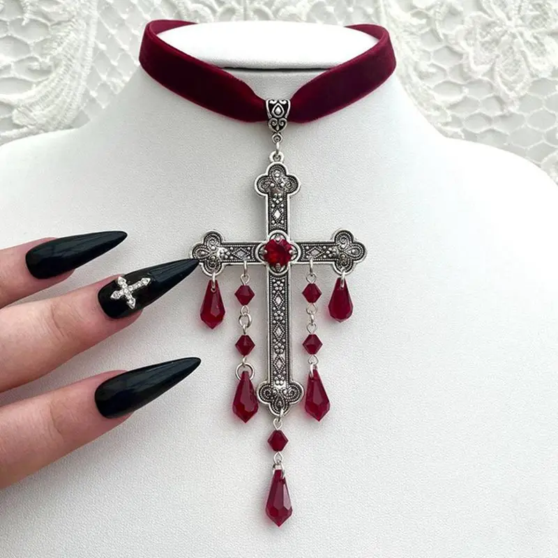 Gothic Vampire Cross Necklace for Women Man Alternative Witch Jewelry Accessories Vampire Red Black Crystal Cross Velvet Choker