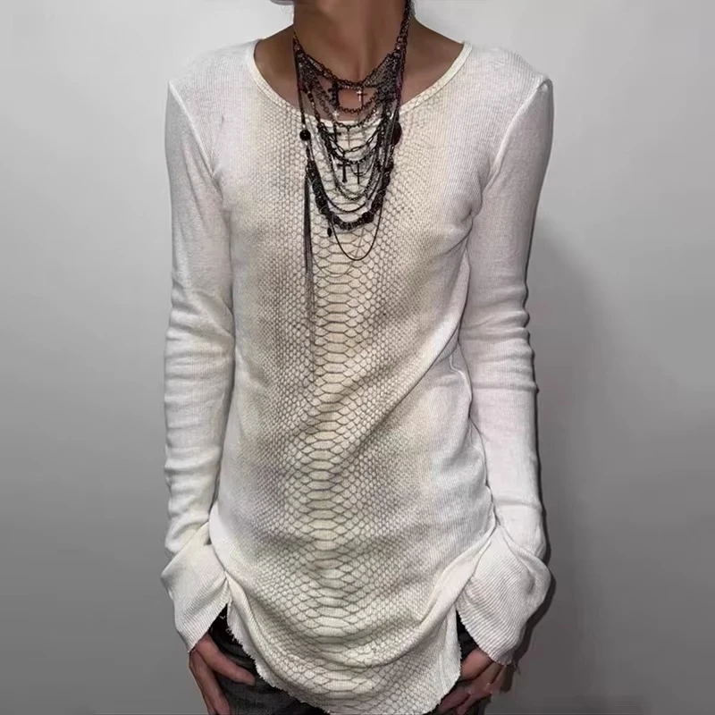 American Retro Grunge Aesthetic Tee – Snake Skin Print, Frayed Edges, Slim Fit Long Sleeve Knit Top