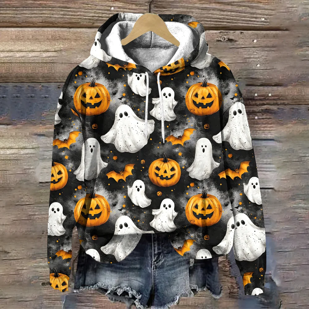 Hoodies estampados de cabeça e fantasmas de abóbora feminino, tops soltos, capuz halloween, pulôver, tendência da moda outono