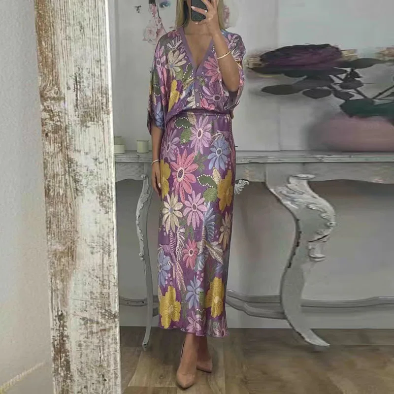 Primavera moda floral impressão cetim duas peças conjunto mulher sexy decote em v botão superior & quadris saia roupa outono meia manga ternos de escritório