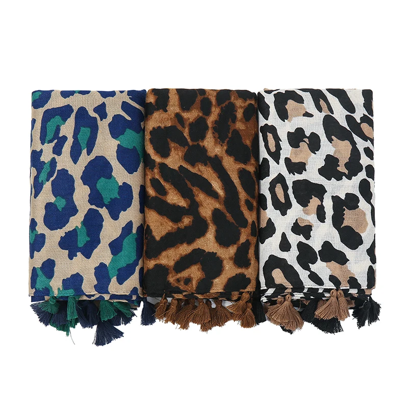 Fashion Cotton Tassel Hijab Scarf Printed Leopard Shawl For Women Muslim Autumn Headband Ladies Four Sided Tassel Wraps 180*90cm