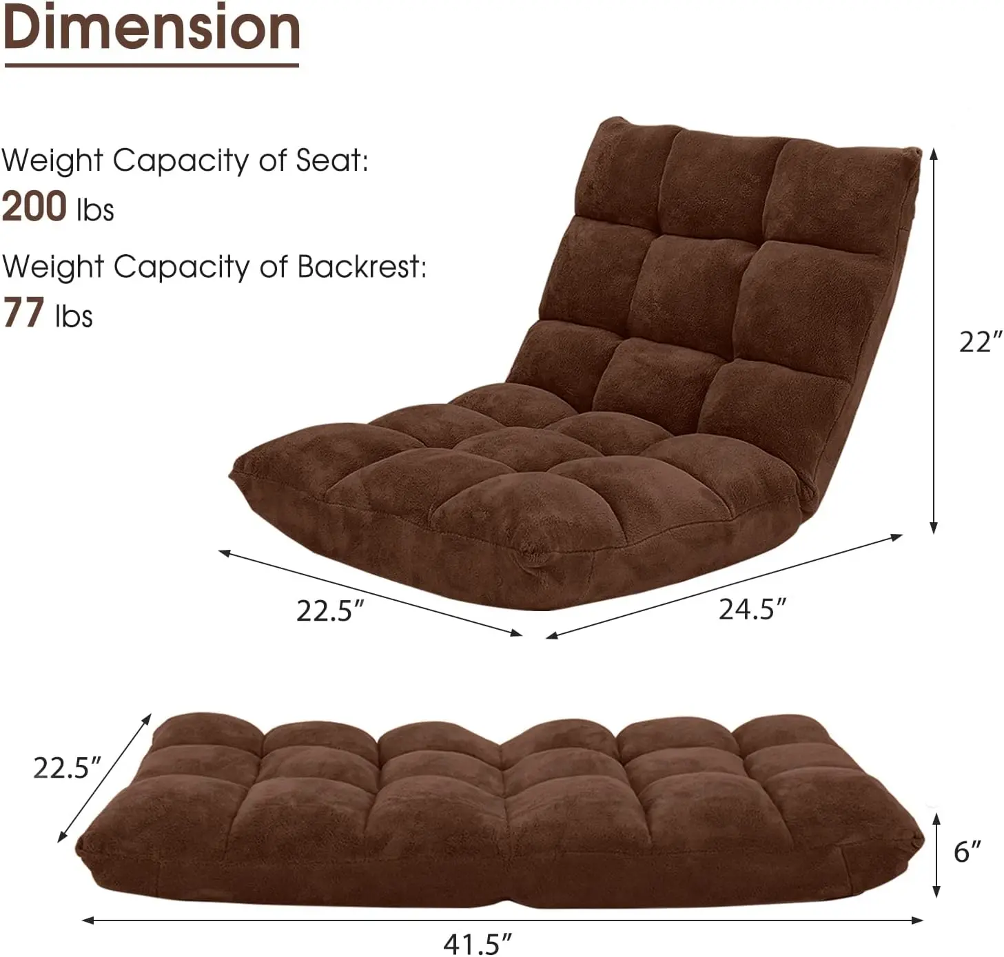 أريكة أرضية قابلة للطي مكونة من 14 موضعًا قابلة للتعديل للألعاب أريكة استرخاء كرسي مبطن سرير نوم قابل للطي لغرفة المعيشة وغرفة النوم باللون البني #3