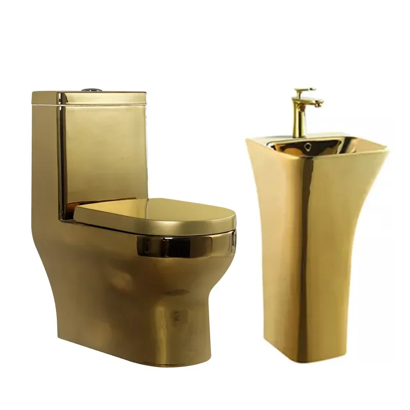 Modern Style Cheap Home Hotel Wc Inodoro Bathroom Golden Color One Piece Toilet and Sinks Set