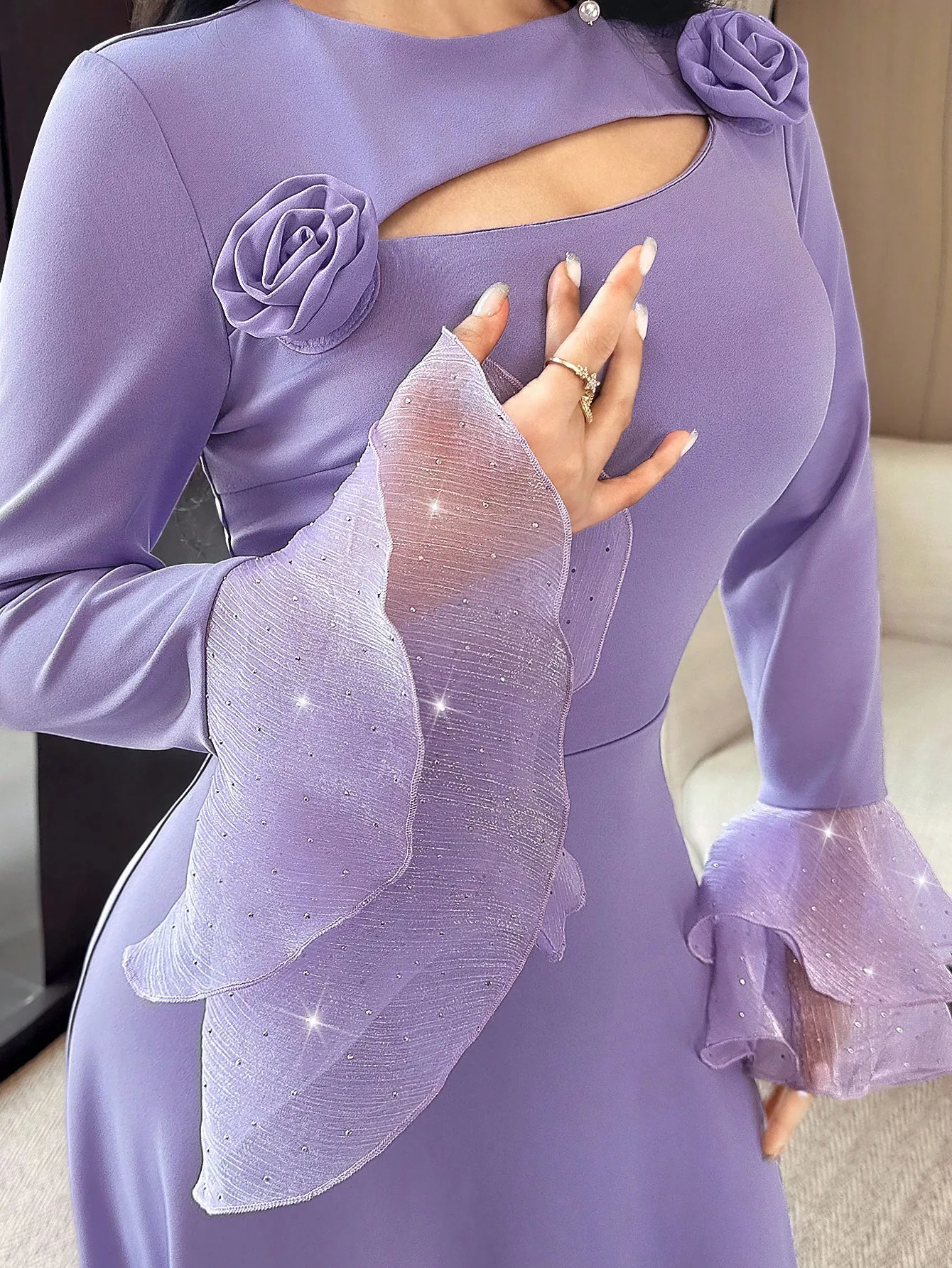 

Elegant Purple Long Dress with 3D Floral Appliqué, Hollow Cutout & Flared Organza Sleeves