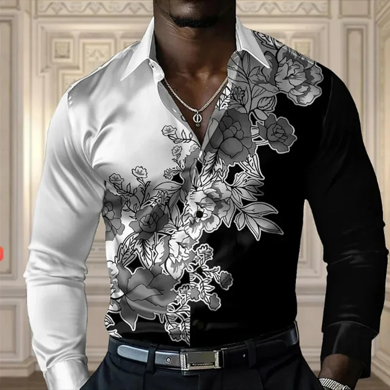 

Fashion Colorful flowers pattern 3D Print Mens Long Sleeve Shirt Autumn Button Down Casual Shirt Lapel Mens Clothing Tops