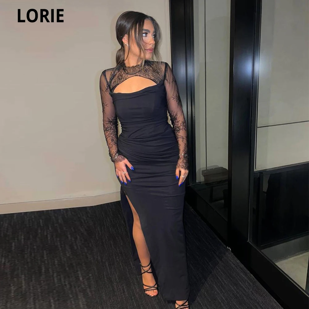 LORIE Long Sleeves Black Evening Dress Mermaid 2024 Lace Sleeves Dubai Prom Formal Party Dresses Custom made High Slit Gowns