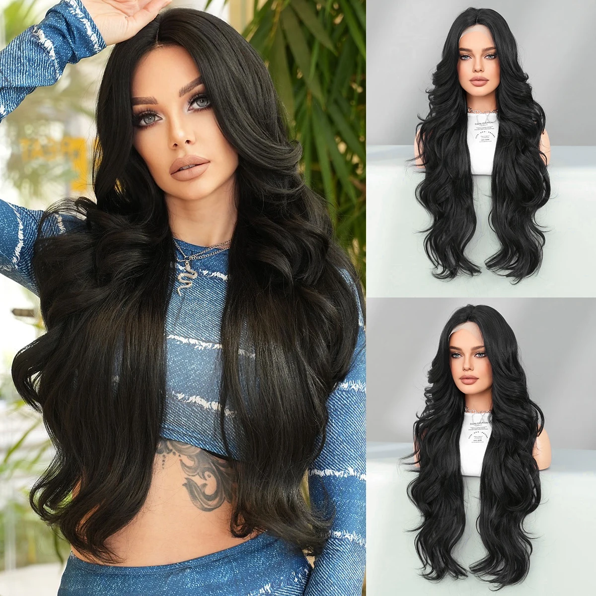 

Synthetic Hair Pre Plucked Lace Front Wig Long Curly Black Wigs for Women High Density HD Transparent Lace Wig Heat Resistant