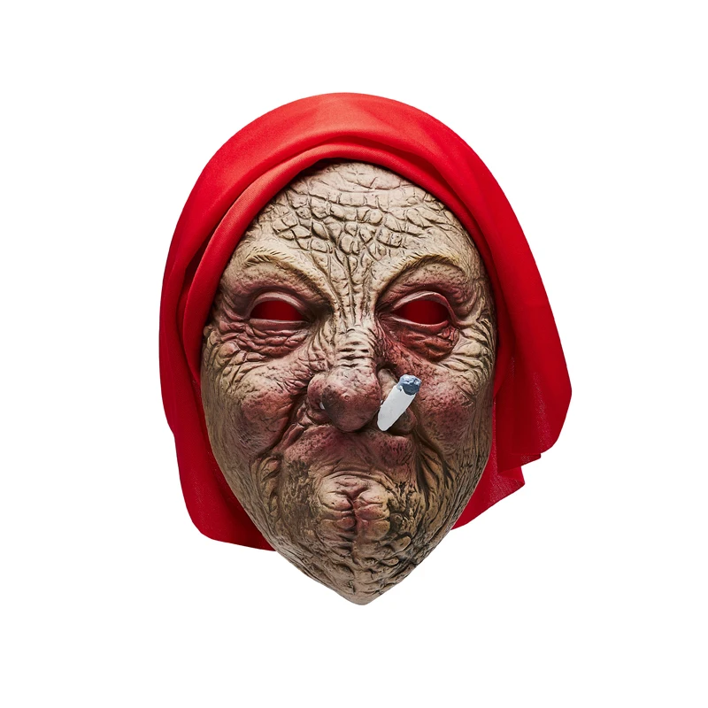 Novelty Halloween Horror Mask Latex Smoking Granny Shaped Head Cover Scary Head Facewear Masquerade Party Cosplay Props