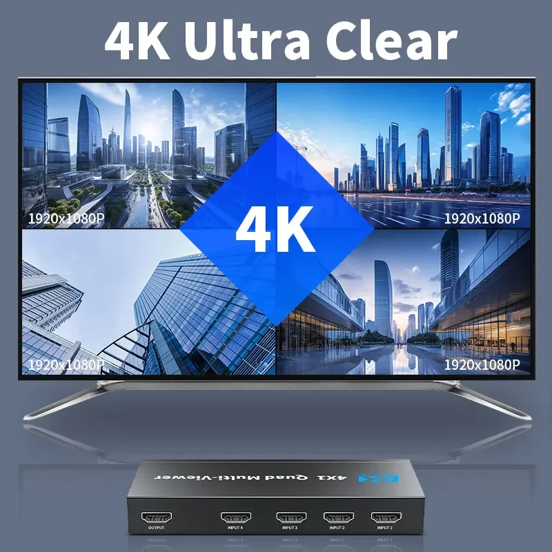 Unnlink 4K HDMI Quad Multiviewer 4x1 interruptor continuo 4 en 1 salida con control remoto para cámara PC a TV Monitor Control síncrono USB