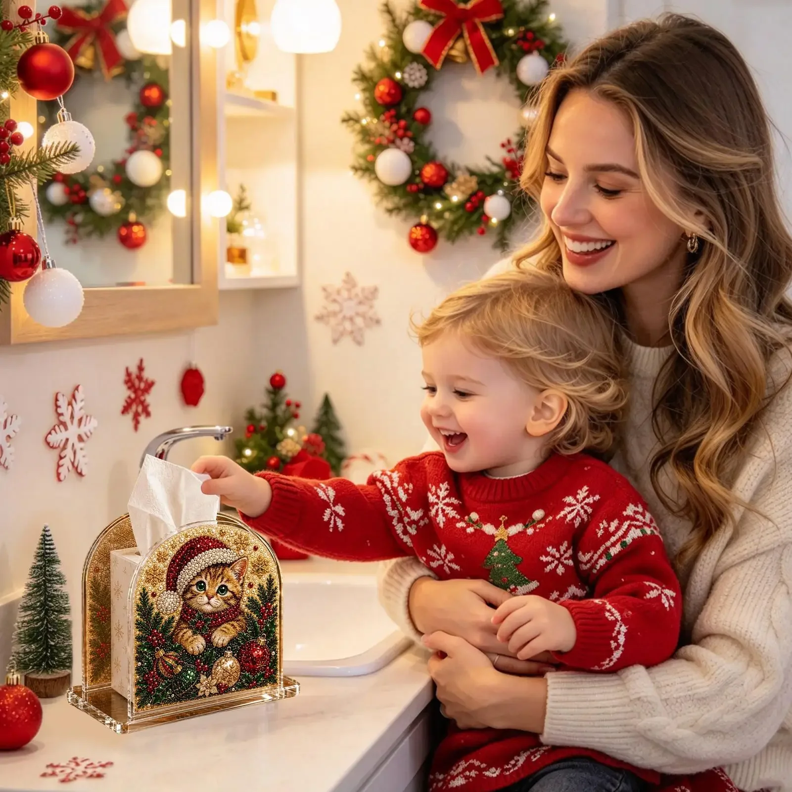 DIY Christmas Pearl Painting Tissue Box Holiday Napkin Storage Tissue Holder Box For Beginner Adults Night Stands Bathrooms