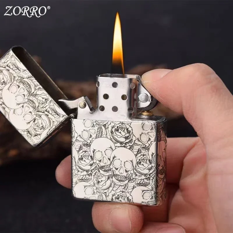 Zorro Retro White Copper Kerosine Lighter Windproof Grinding Wheel Ignition Creative Engraving Metal Lighter DIY Play Gift