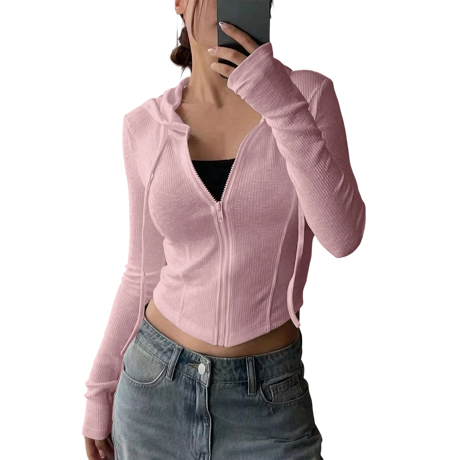 Sudadera deportiva ajustada de punto corto con capucha, cárdigan a la moda para mujer, suéter con capucha de Color sólido para invierno, suéter para mujer