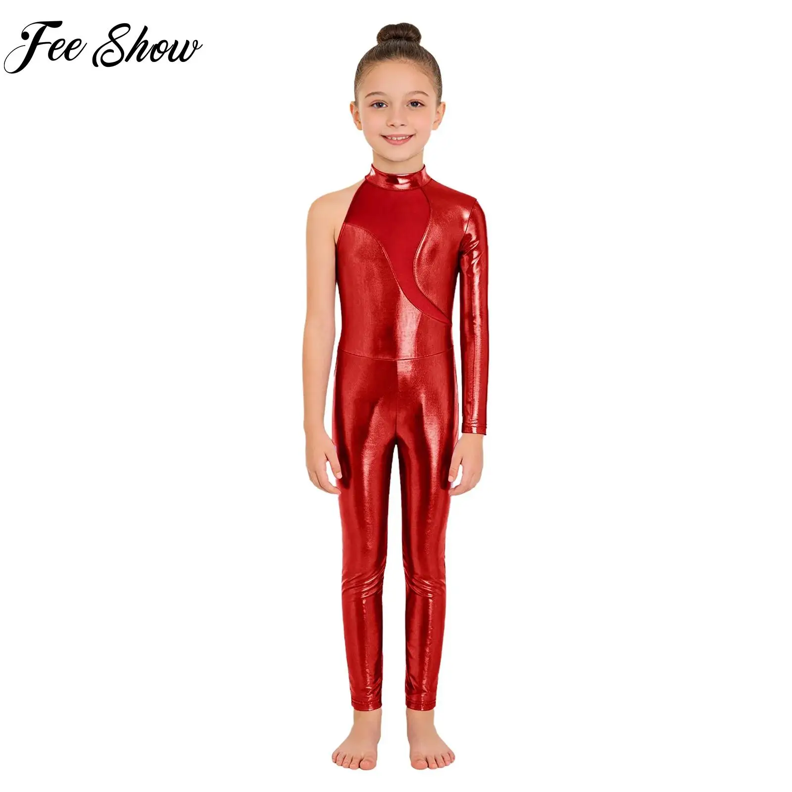 

Kids Girl Gymnastics Ballet Dance Performance Jumpsuit Bodysuit Figure Skating Costume Shiny Metallic Mesh Long Sleeve Jumpsuit