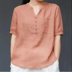 Cotton and Linen V-neck Summer Women Thin Style Loose Large Size Short Sleeved Solid Color Casual Appear Thin All-match Shirt