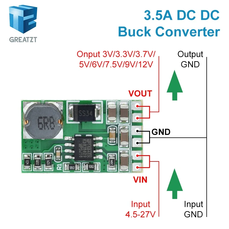 GREATZT 3.5A DC-DC Converter Module Buck Step-Down Voltage Regulator Board 4.5V-27V to 3V 3.3V 3.7V 5V 6V 7.5 9V 12V DD2712sa