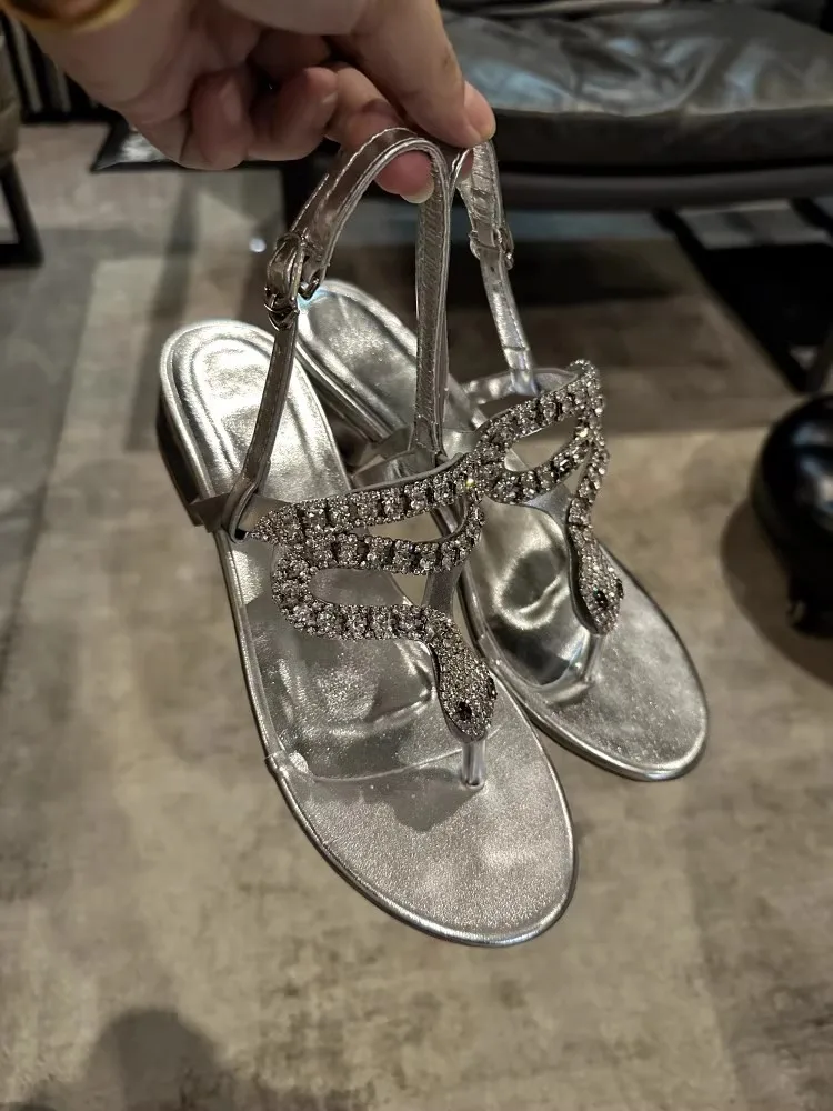 

Beautiful Rhinestone Snake Head Thong Sandals Silver Open Toe Flats Fairy Style Roman Women's Shoes Sandalias Mujer Verano