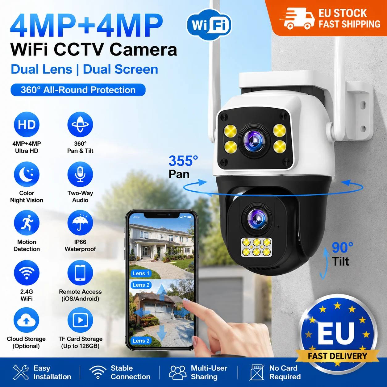 4G CCTV-Sicherheitskamera für den Heim- und Außenbereich |   Dual-Objektiv 4+4MP mit 360°-Funktion °   Rotation |   2-Wege-Kommunikation |   Nachtsicht |   Wasserdichte Überwachungskamera, optional