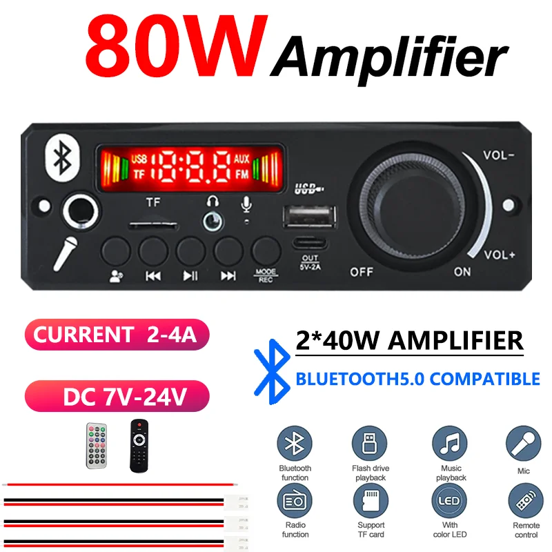 80W Car Amplifier Bluetooth 5.0 2*40W Stereo MP3 Player FM Radio USB TF AUX Mic DC 7V-24V Remote Control for Car Van