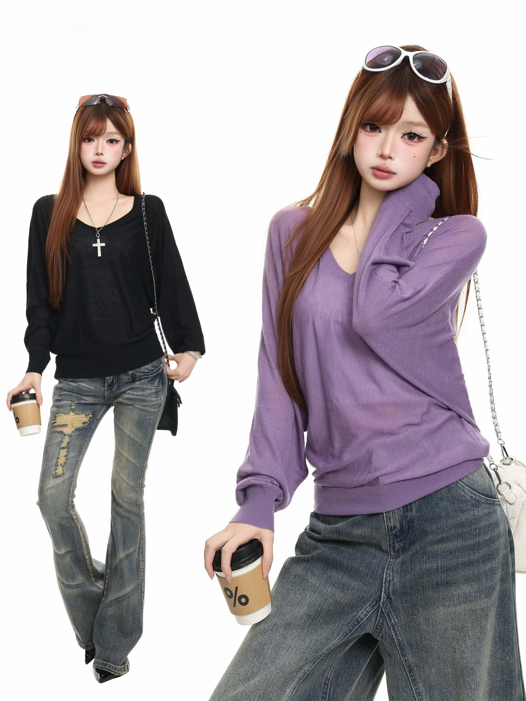 BASTERDS Women's Loose Fit Long Sleeve Knitted V-Neck Top Breathable Transparent Casual Style Autumn Fashion Slimming Cover up