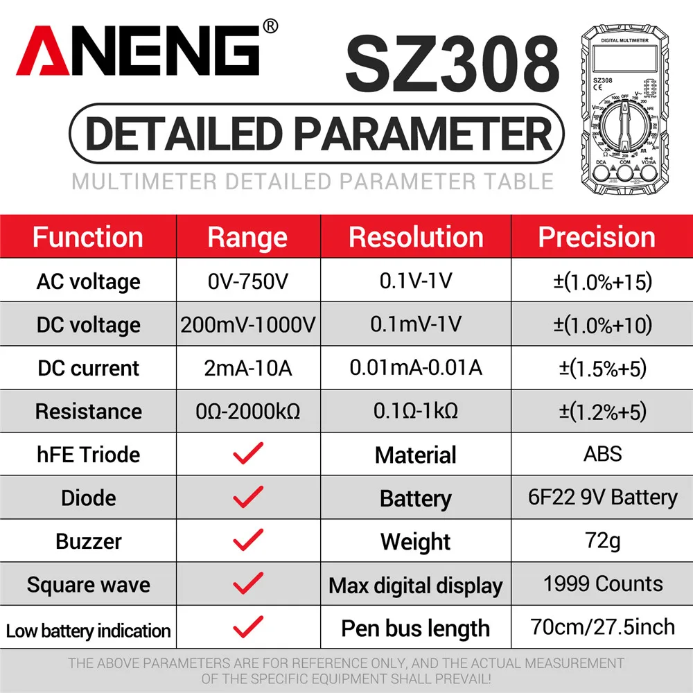 ANENG SZ308 Square Wave Digital Tester 1999 Counts HFE Triode Buzzer Multimeter AC/DC Voltage 10A Current Multimeters Meter Tool